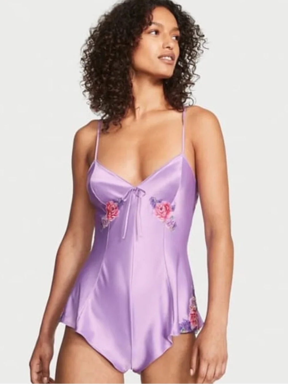 Victoria’s Secret Satin Floral-Embroidered Slip Romper Lavendar